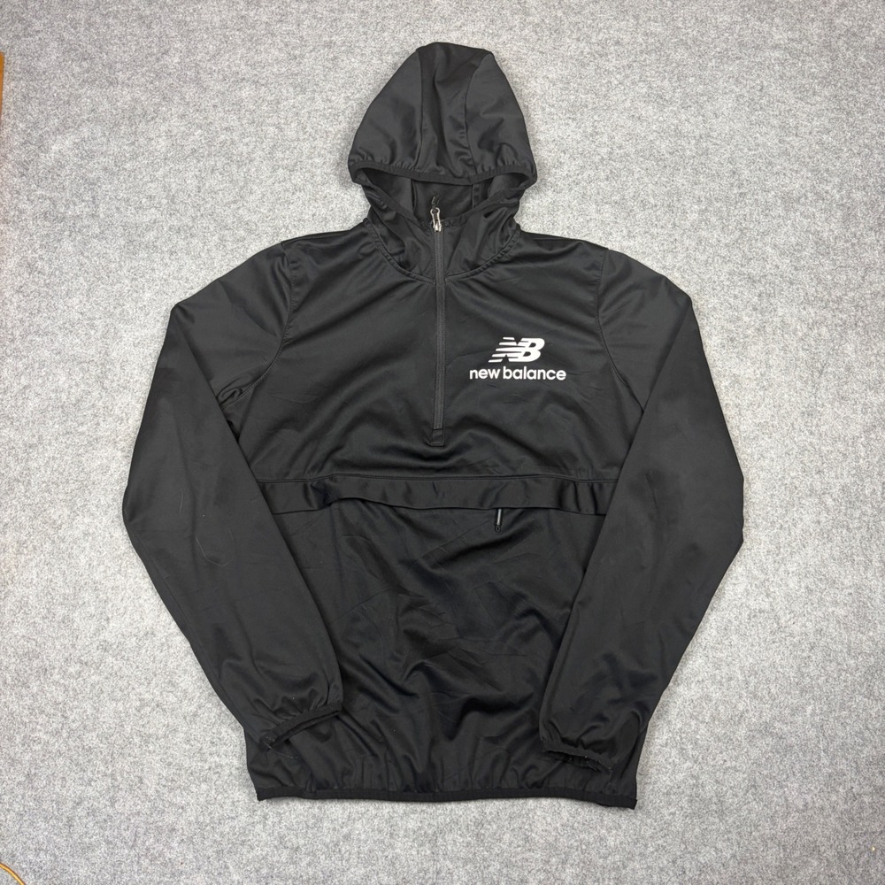 New Balance Mens Black Quarter Zip Hooded Windbreaker Pullover Jacket Size M
